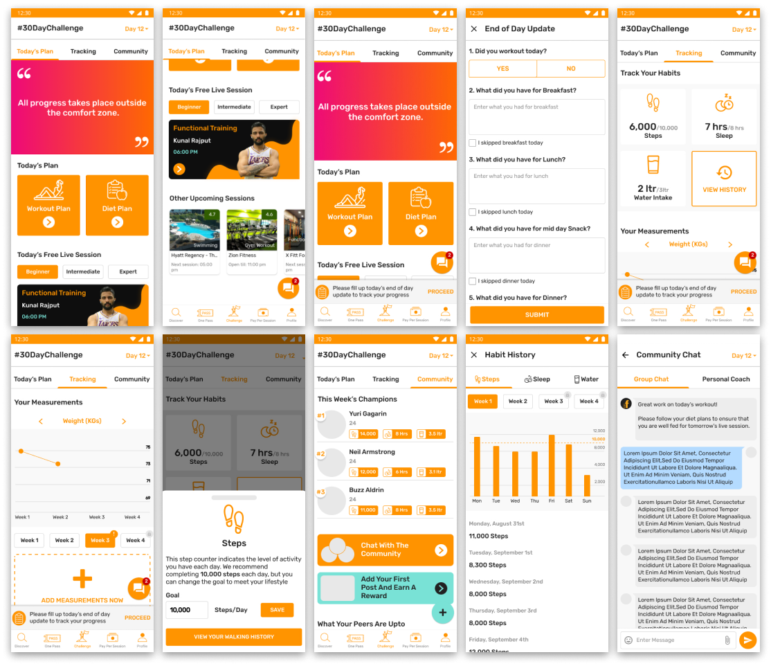 30 Day Challenge app concept screens